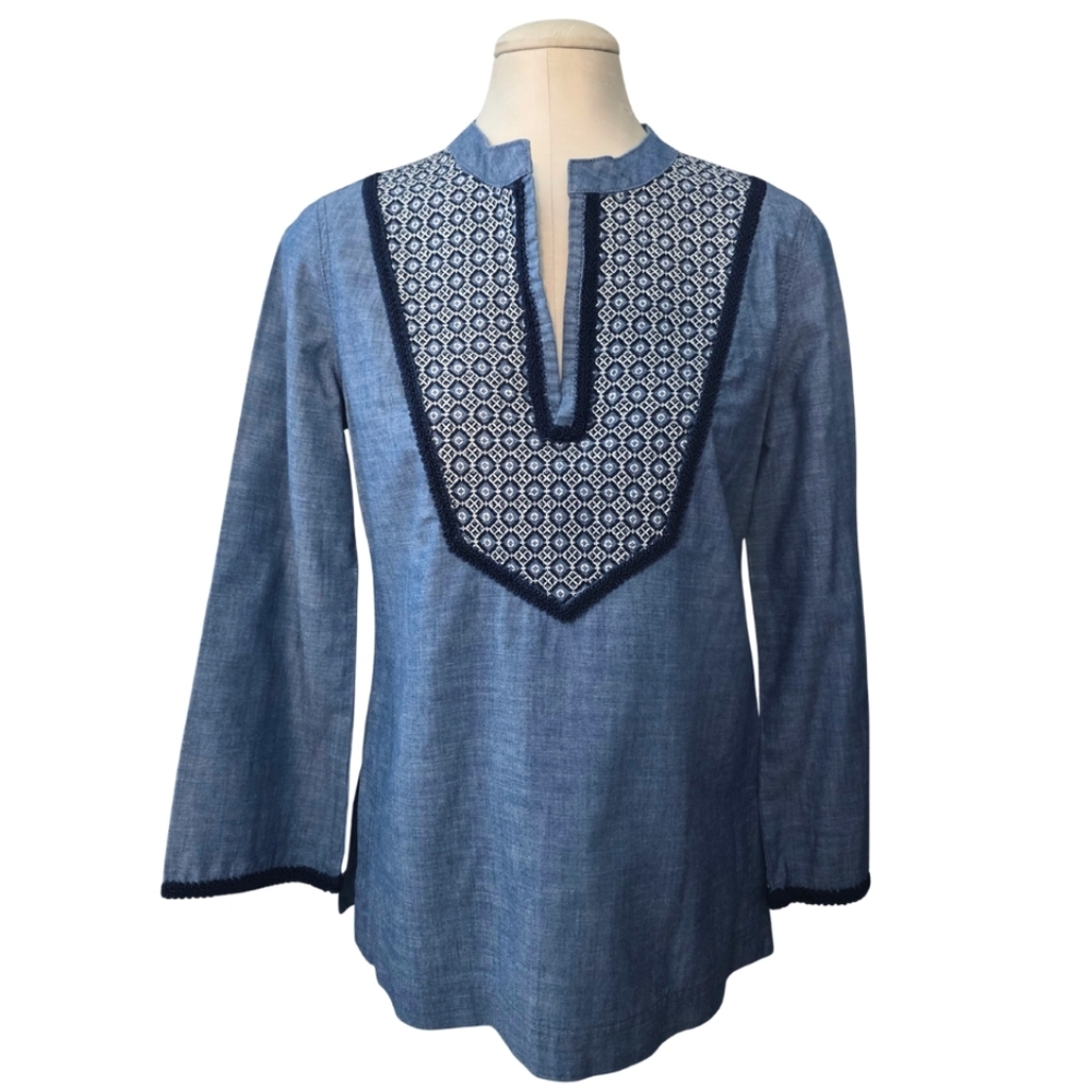 Tory Burch Women's Blue Chambray Embroidered Tunic Top Caftan Blouse Size 6